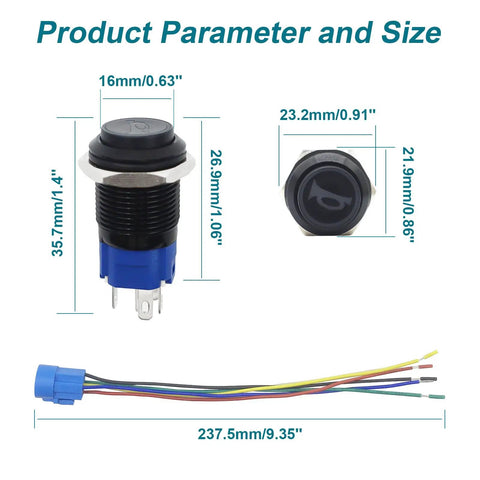 12V SPDT Horn Button Push Switch With Blue LED, Five Eighth Inch Sixteen Millimeter Momentary Car Button For Vehicle Horn, Durable Black Shell And Easy Install For DIY Auto Projects. 16mm black metal push button with blue LED and wiring harness
