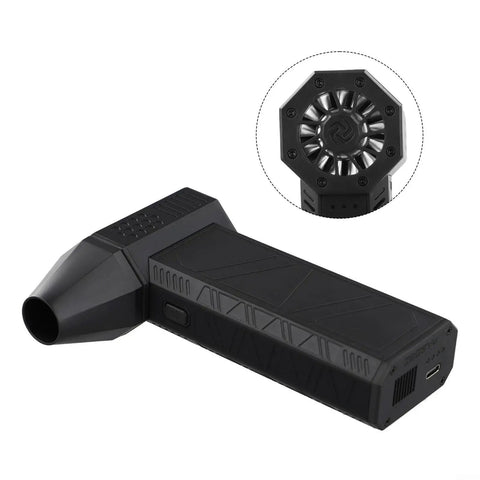 Professional Cordless Air Blower With 180 Watt Brushless Motor Delivering 130000 RPM For Kickin Shop Dust Quick Pet Drying And Gear Cooling Built For No Wire Hassle Sweet Performance Using Type C Fast Charge And Magnetic Mount Tips shown from side angle with nozzle.