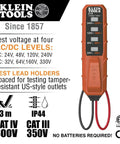 Klein Tools voltage tester displaying AC/DC levels and features within Beginner Friendly Handy Electrical Tester Kit For GFCI Outlet And Receptacle Testing With Non Contact Voltage Tester Pen Visual And Audible Alerts Electronic 3 Piece Set For Diy Home Electrical Work.
