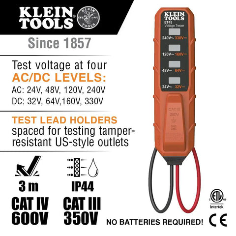 Klein Tools voltage tester displaying AC/DC levels and features within Beginner Friendly Handy Electrical Tester Kit For GFCI Outlet And Receptacle Testing With Non Contact Voltage Tester Pen Visual And Audible Alerts Electronic 3 Piece Set For Diy Home Electrical Work.