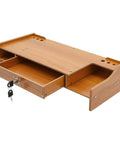 Transform Your Workspace With These Solid Wood Monitor Risers Featuring A Lockable Storage Drawer With Secure Laptop Stand Built Like Iron To Keep Your Desk Slick And Super Organized Daily, showing open drawer.