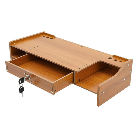 Transform Your Workspace With These Solid Wood Monitor Risers Featuring A Lockable Storage Drawer With Secure Laptop Stand Built Like Iron To Keep Your Desk Slick And Super Organized Daily, showing open drawer.