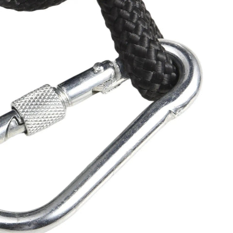 Close-up of Ranch Tough Horse Stall Gate Latch With Twist Lock and secure metal fastener with braided cord for durability.