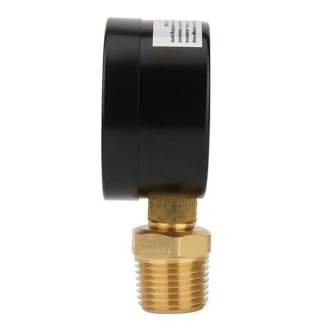 Side view of 2 Inch Well Pump Pressure Gauge For Water Systems 0 To 100 Psi With Quarter Inch Lower Mount And Half Inch NPT Adapter.