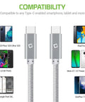 Dual USB C PD 60W Fast Charging Cable With 5Gbps Data Transfer For Power Delivery High Capacity Charging For Mobile Devices Tablets And More Black Ultra Durable Braided Cable, white braided USB-C cable shown with compatible smartphones and iPad Pro
