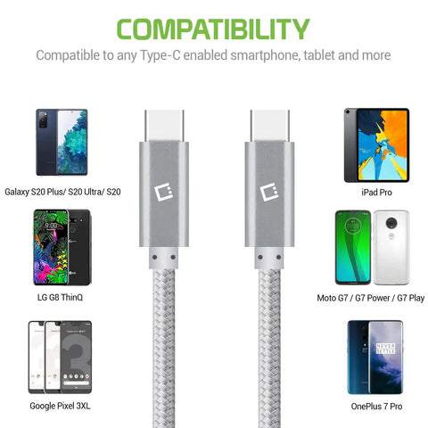 Dual USB C PD 60W Fast Charging Cable With 5Gbps Data Transfer For Power Delivery High Capacity Charging For Mobile Devices Tablets And More Black Ultra Durable Braided Cable, white braided USB-C cable shown with compatible smartphones and iPad Pro