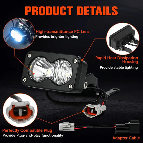 Electric Dirt Bike Headlight Kit With Aluminum 6000K To 6500K LED Bar details showing PC lens and adapter cable.