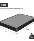 Heavy Duty King Box Spring With Thick Fabric Cover And Reinforced Steel Frame Low Profile Bed Base, dimensions 80"L x 76"W, 5" height.