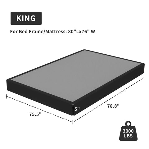 Heavy Duty King Box Spring With Thick Fabric Cover And Reinforced Steel Frame Low Profile Bed Base, dimensions 80"L x 76"W, 5" height.