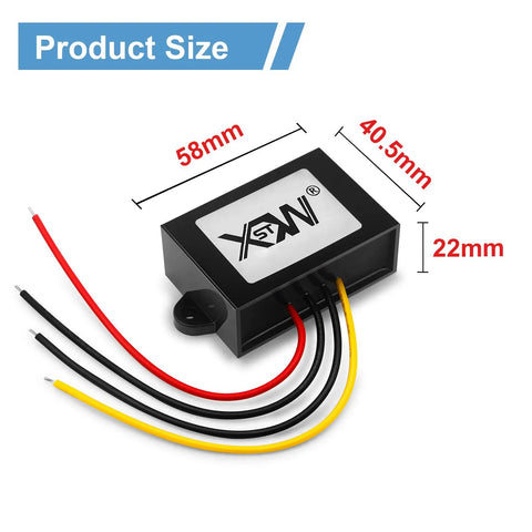 Dimensions of Beefy 20 To 90V DC To 12V Buck Converter, 5A 60W Output, including wiring, size 58mm x 40.5mm x 22mm.