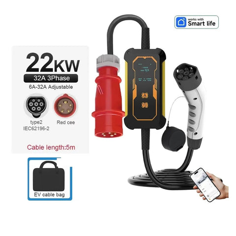 Premium Portable EV Charger 22KW 32A Three Phase Type 2 EVSE with WiFi APP Control, 5m cable, showing plug and control unit.