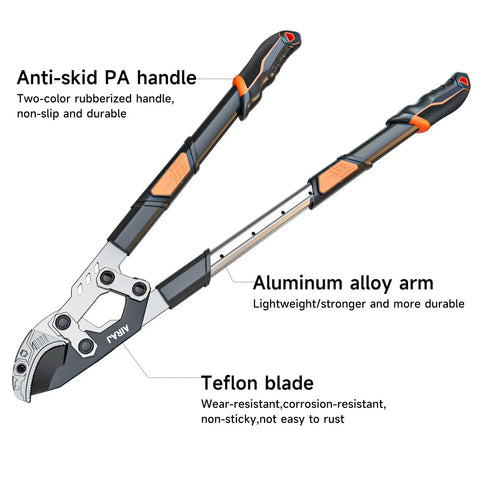 Extendable Anvil Loppers for Garden Pruning, showing aluminum handles and Teflon blade, heavy-duty tree trimmer for landscaping.