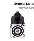 NEMA 24 closed-loop stepper motor with shaft, front view; black housing, silver faceplate