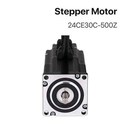 NEMA 24 closed-loop stepper motor with shaft, front view; black housing, silver faceplate