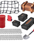 One Tenth Scale RC Crawler Roof Accessories Kit With Luggage Net Oil Drum Wood Box Fuel Tank Recovery Board Toolbox And Shovel