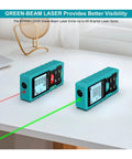 Heavy Duty 100 Meter Green Laser Rangefinder Rechargeable Digital Distance Measuring Tool For Contractors And Tradesmen Crews showing bright green and red laser beams on a table.