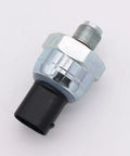 Brake fluid pressure sensor, silver hex-metal body with threaded port and black plastic connector (side view).