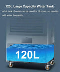 Top Shelf Portable Swamp Coolers Deliver Smooth Evaporative Chilling Across Any Room With Three In One Ice Water Fan Operation And Broad Oscillation Plus Massive Reservoir For Zero Stress Indoors Out: 120L water tank illustrated with water surface.