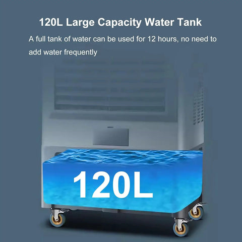 Top Shelf Portable Swamp Coolers Deliver Smooth Evaporative Chilling Across Any Room With Three In One Ice Water Fan Operation And Broad Oscillation Plus Massive Reservoir For Zero Stress Indoors Out: 120L water tank illustrated with water surface.