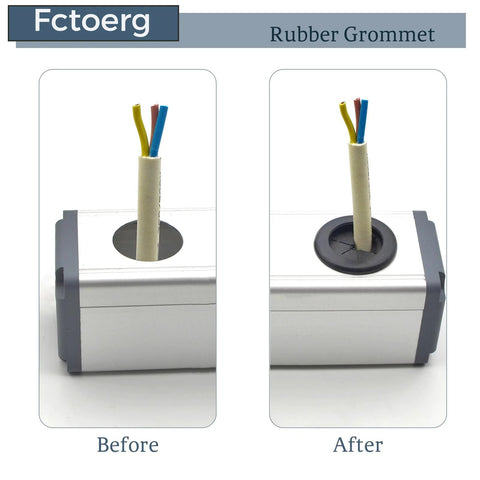 Before and after installation of 2 Inch Rubber Grommets for wiring protection in a metal panel, illustrating sealing effect.