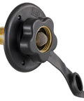RV City Water Inlet With Brass Check Valve, Black Finish, Made In USA, Heavy Duty Construction, Secure Brass Pipe Threads For Leakproof City Water Fill And Reliable RV Hookups on black housing with brass mesh screen