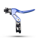Side view of Genius BMX Short Reach Brake Lever with Lock On Clamp Adjustable Reach for Precision Control, aluminum, blue.