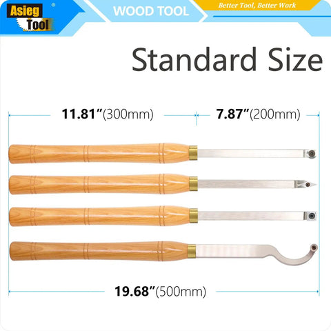Standard size display of Carbide Tipped Wood Turning Tools Lathe Set With Rougher Detailer Finisher And Swan Neck Hollower, Solid Wood Handle