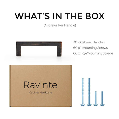 Box contents of 30 Pack Solid 3 Inch Center To Center Slim Square Bar Drawer Handles In Oil Rubbed Bronze, includes screws and handles
