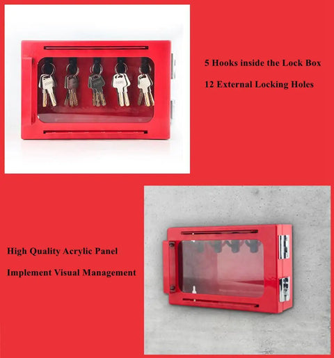 Built Tough Lockout Tagout Group Lock Box Wall Mount Industrial Safety Cabinet crafted from heavy duty steel with red exterior and hooks.
