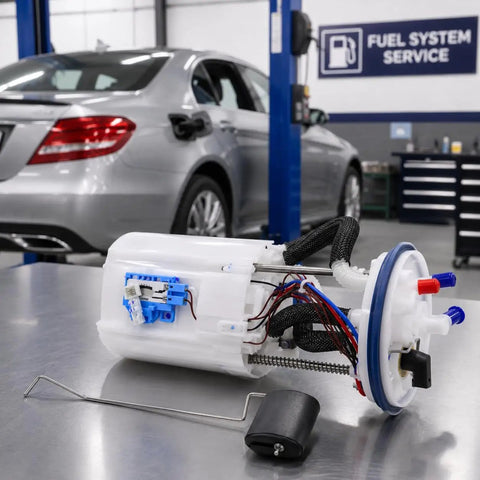 Complete Fuel Pump Assembly For Hyundai Genesis 3.8L V6 2015 To 2016 on a workshop table, showing wiring and connectors.