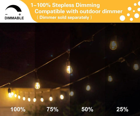 48 Foot Outdoor String Lights With 15 11W Dimmable Edison Vintage Bulbs showing stepless dimming range from 100% to 25%