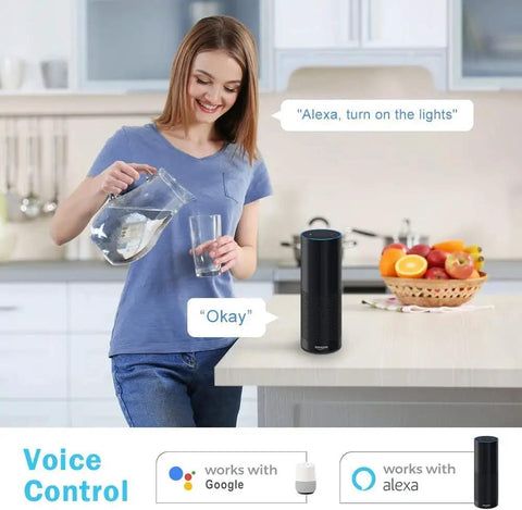 Woman in kitchen using voice control with Alexa for Smart 2 Inch Recessed LED Downlight Kit That Slaps 5W 120V Dimmable RGB CW Color Changing