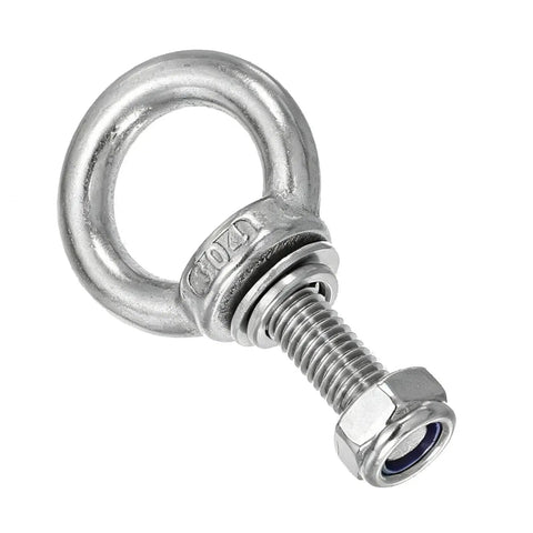 4 Pack 304 Stainless Steel Eye Bolts M8 x 40mm With Flange Lock Nuts And Spring Washers Built Tough For Lifting Hanging And Tie Down Gear Outdoors And Indoors, close-up