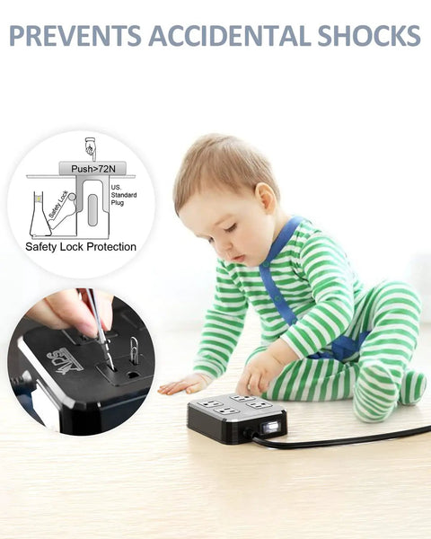 Child playing near an Outdoor Weatherproof Power Strip With 4 Wide Outlets And 3 USB Ports 10Ft Extension Cord Wall Mountable Surge Protector For Patio Garden And Christmas Lights Overload Protection, illustrating safety features.