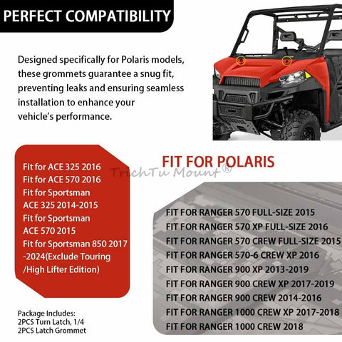 Polaris UTV compatibility details for 2 Pack Hood Latch Toggles And Grommets Kit, showing model fits and specifications.