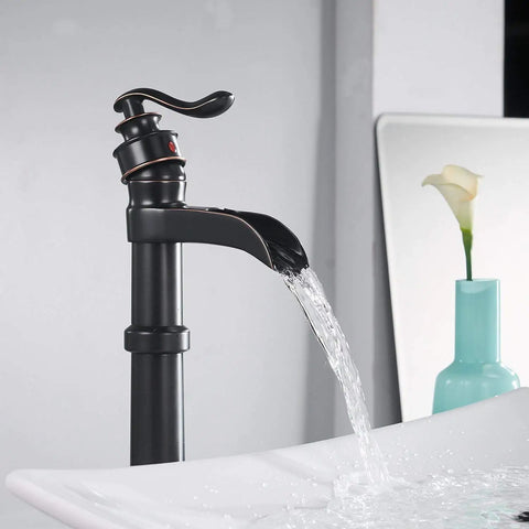 Oil Rubbed Bronze Vessel Sink Faucet With Tall Waterfall Spout Single Hole Deck Mount One Handle Farmhouse Style Bathroom Faucet Built For Durability And A Sleek Modern Master Bath Vibe showcasing water flow