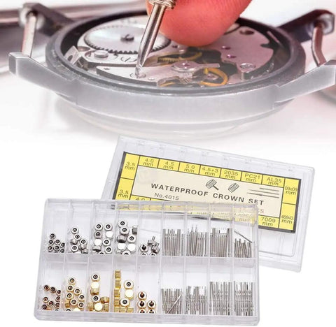 Pro Grade Watch Repair Kit With Stainless Steel Crowns And Stem Spares In Multiple Sizes Includes Plastic Storage Box For Quick Access