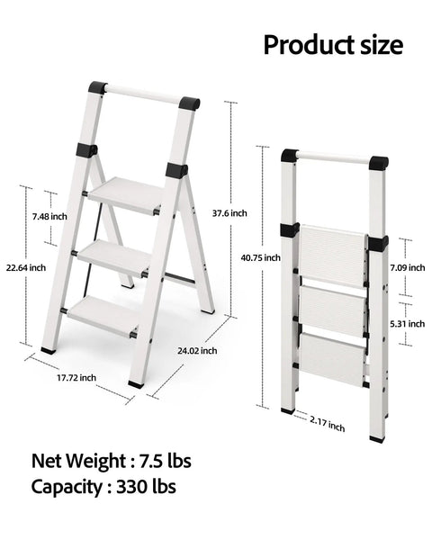 3 Step Aluminum Ladder Lightweight Foldable Stool Slick For Home Kitchen Library And Outdoor Use With 22.6 Inch Top Step, size chart
