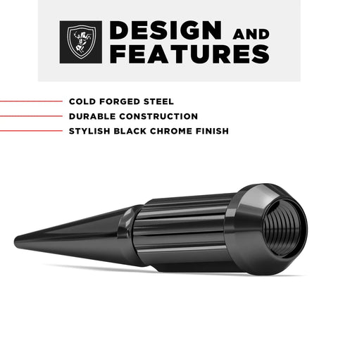 Solid Piece Spline Spike Lug Nut Set 14x1.50 Thread Pitch 33 Pack With Extra Spike 60 Degree Bulge Acorn Anti Theft 7 Spline For Eight Lug Vehicles Chrome Black Chrome Finish