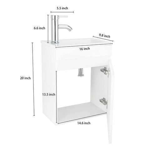 Compact 16 Inch Wall Mounted Bath Vanity With Sink Combo White Cabinet Set Chrome Faucet Pop Up Drain U Shape Drain Tiny Space Friendly Space Saving Modern Bath Vanity For Small Spaces with open door