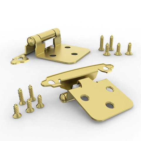 Heavy Duty 1/2 Inch Overlay Cabinet Hinges 50 Pack Self Closing With Nifty Rubber Buffer Pads Top Tier Brass Gold Hardware for cabinets and furniture.