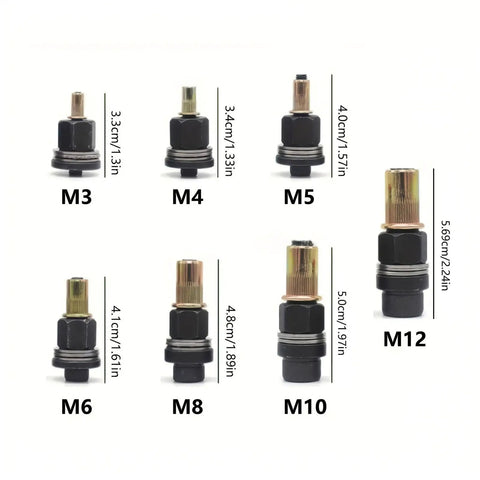 Top Tier Rivnut Plier Kit For Automotive And Fabrication Pros Featuring Durable Jaws To Install Threaded Inserts Smoothly With Precision Sizing For Heavy Duty Hardware Fastening Repairs On Any Metal Project. M3-M12 threaded insert nuts, black and brass.