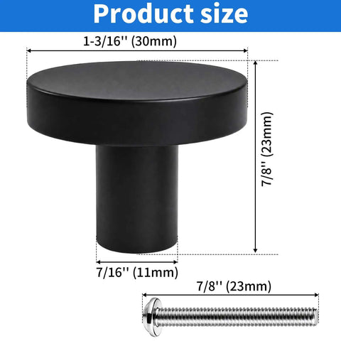 30 Pack Brushed Black Round Cabinet Knobs 1-1/4 Inch For Cabinet Doors And Drawers with size dimensions in image