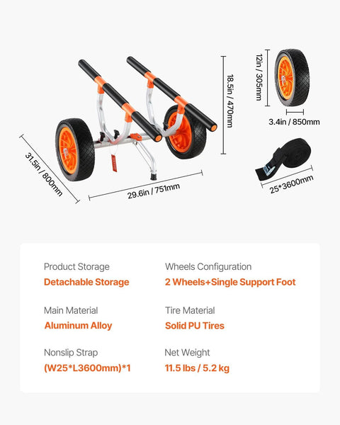 Heavy Duty Kayak Cart With 450 Lbs Load Capacity Detachable Canoe Trolley, aluminum frame, solid PU tires, nonslip strap