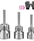 DIY Ready PVC Pipe Threader Kit With Half Inch Three Quarter Inch And One Inch NPT Dies shown with gloves and rings.