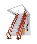 Heavy Duty Telescopic Electric Pull Down Attic Ladder With Sweet One Touch Remote For Seamless Invisible Ceiling Access, showing  extended aluminum steps with red safety grips.