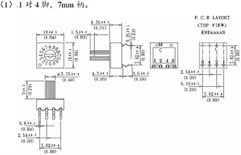 Technical blueprint of Three Pack 0 To 9 Rotary Coding Switch Set With DIP PCB Ten Position Switches 8421C Positive Code