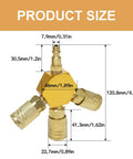 Three Way Air Hose Splitter With One Quarter Inch Fittings, Aluminum Copper Plated Manifold, shown with size dimensions