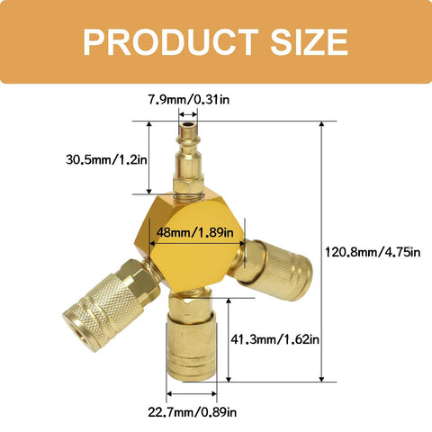 Three Way Air Hose Splitter With One Quarter Inch Fittings, Aluminum Copper Plated Manifold, shown with size dimensions