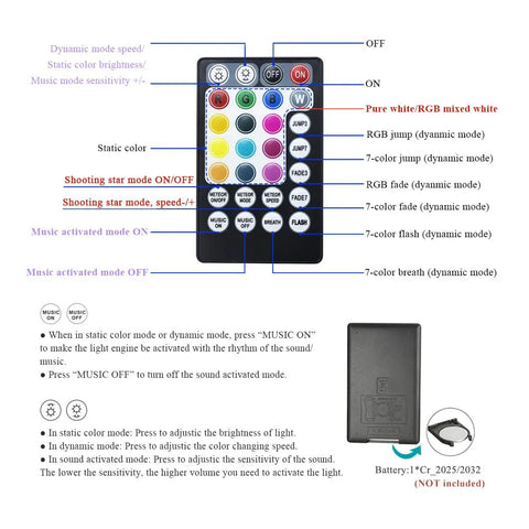 Remote control for Shooting Star Fiber Optic Headliner Kit With 430 Mixed Diameter Strands, displaying color modes and functions.